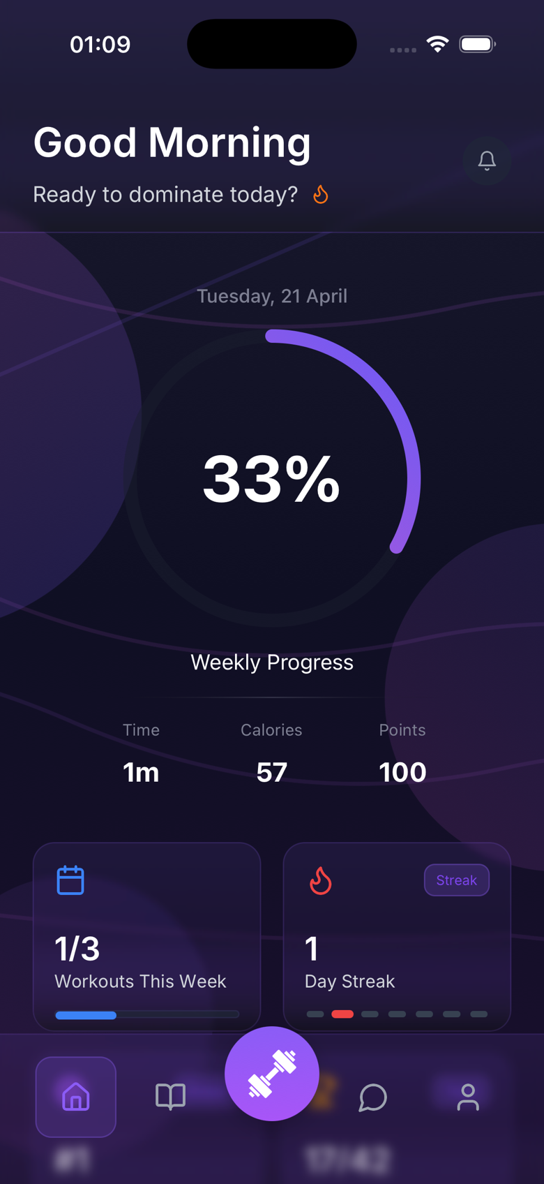Pump Logic dashboard — Good Morning, Weekly Progress, streak tracker